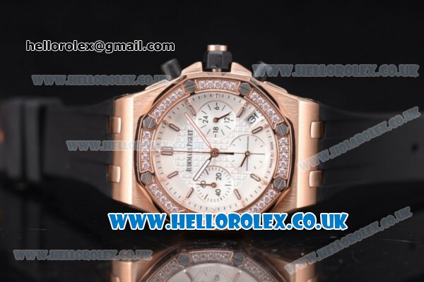 Audemars Piguet Royal Oak Offshore Chrono Miyota OS20 Quartz Rose Gold Case with White Dial Diamonds Bezel and Black Rubber Strap (EF) - Click Image to Close